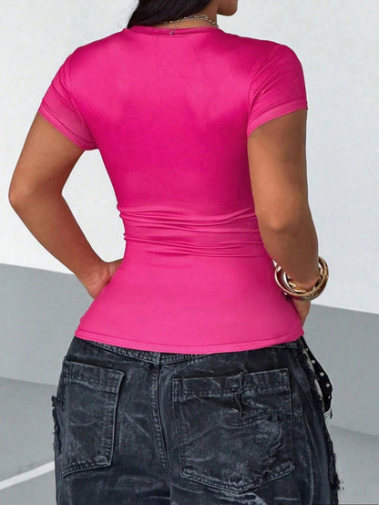Maweii Plus Size Women's Sexy Vacation Summer Fuchsia Street Party Daily Commute Shopping Rhinestone Decor Short Sleeve Fitted Versatile Top T-Shirt