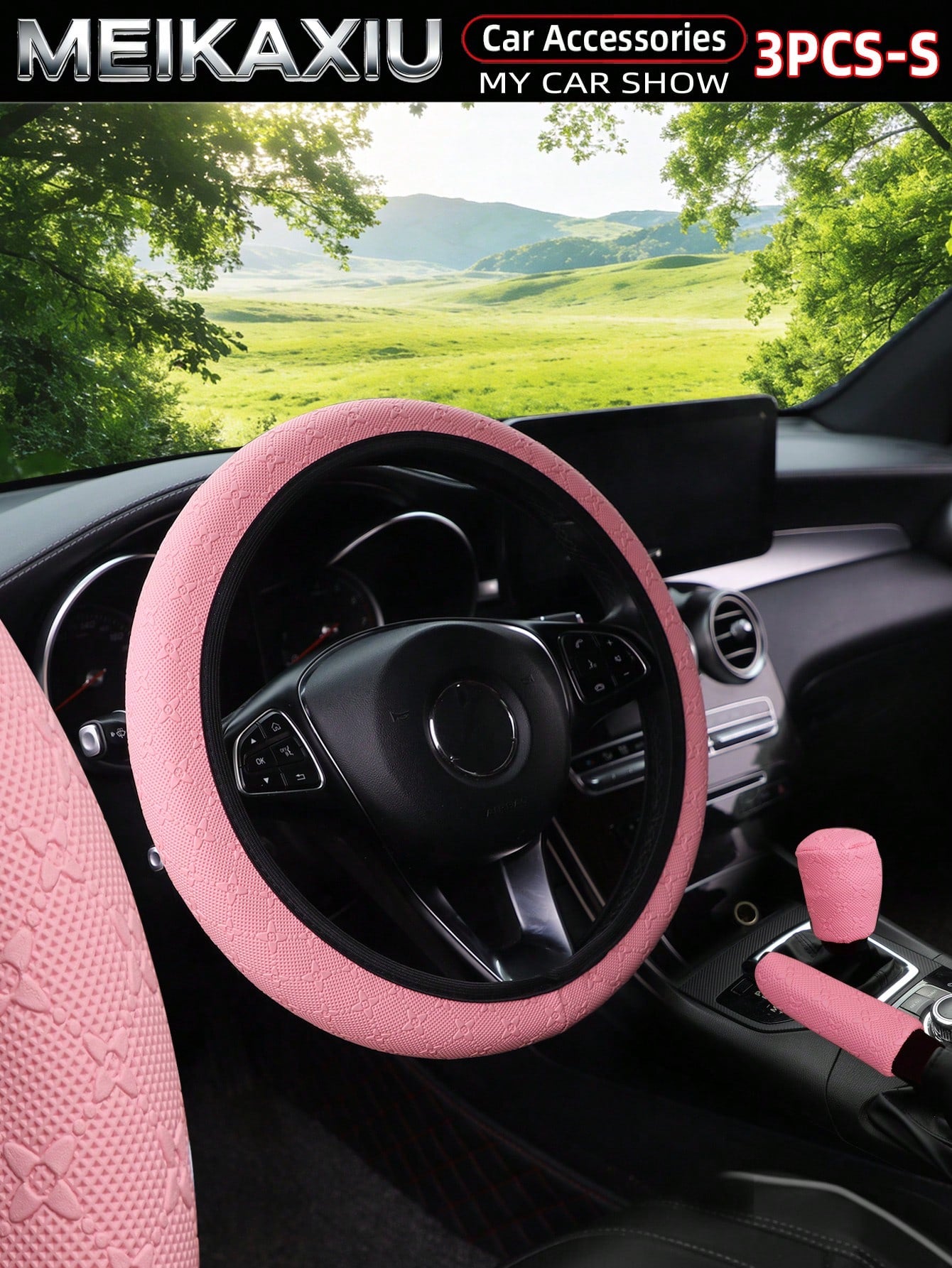 MEIKAXIU 3pcs/Set 3D Star & Flower Car Steering Wheel Cover, Handbrake Cover, Gear Shift Knob Cover, Fit 14.5-15 Inch Steering Wheel, Car Interior Accessories For Women
