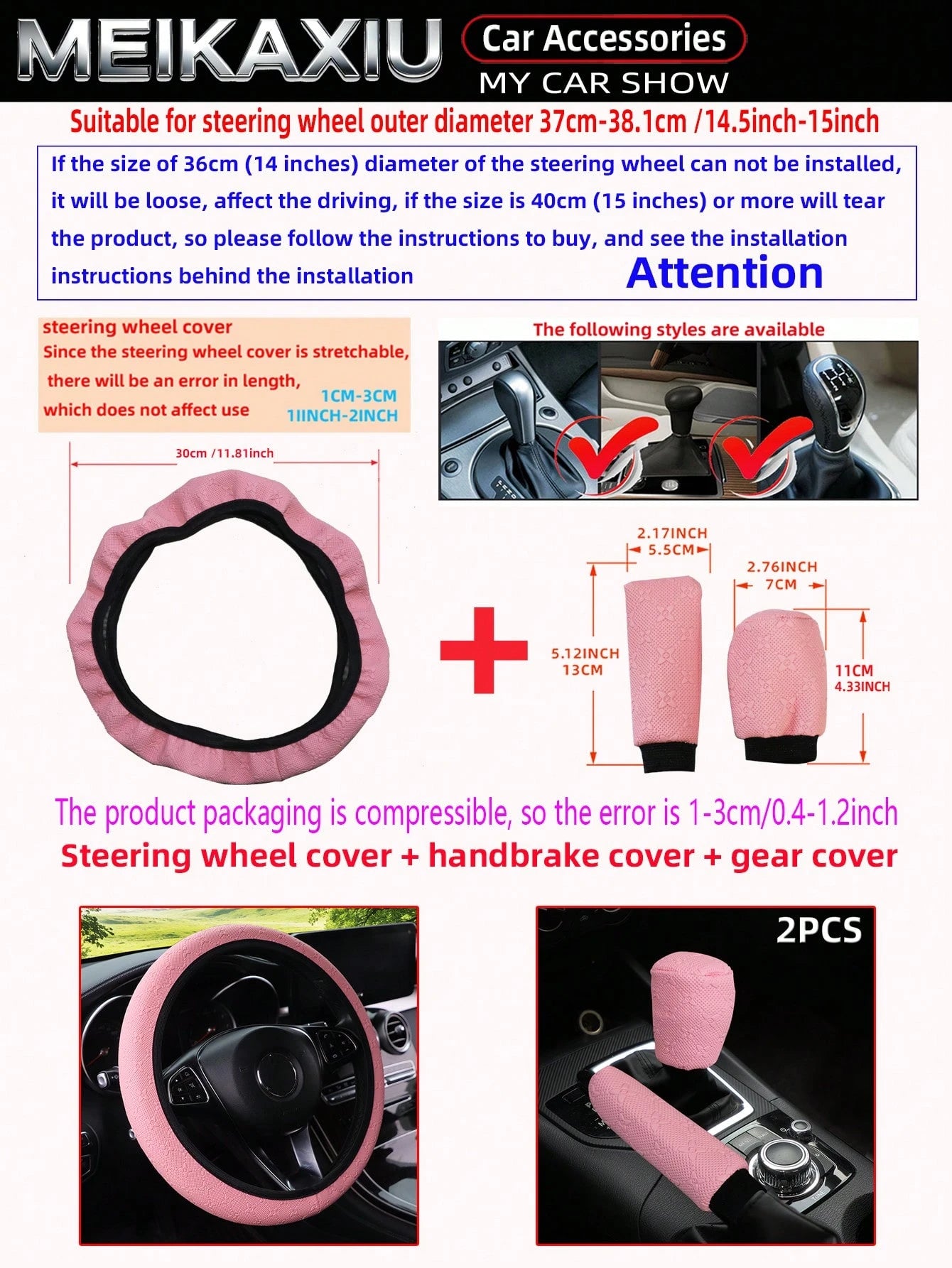 MEIKAXIU 3pcs/Set 3D Star & Flower Car Steering Wheel Cover, Handbrake Cover, Gear Shift Knob Cover, Fit 14.5-15 Inch Steering Wheel, Car Interior Accessories For Women