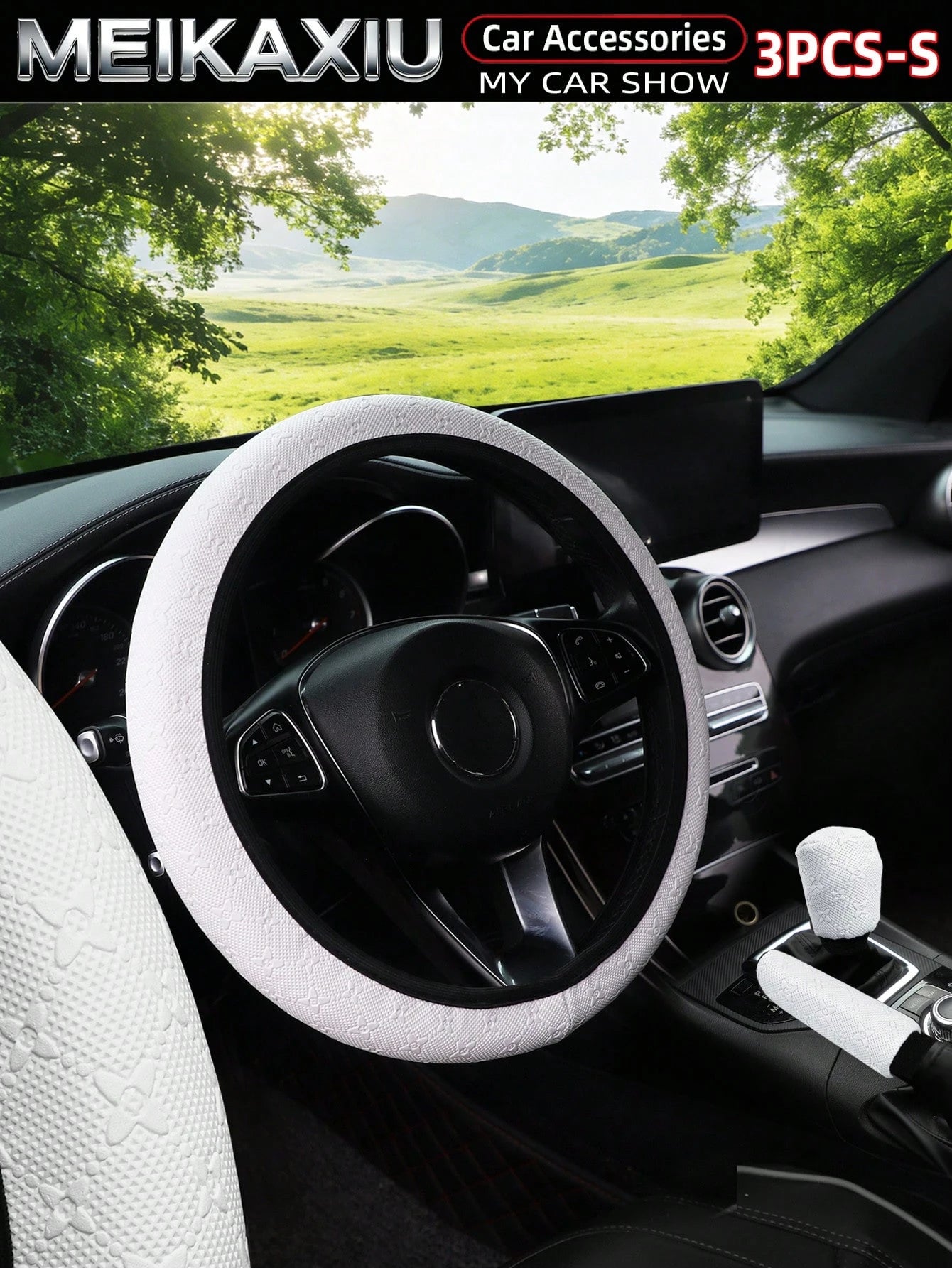MEIKAXIU 3pcs/Set 3D Star & Flower Car Steering Wheel Cover, Handbrake Cover, Gear Shift Knob Cover, Fit 14.5-15 Inch Steering Wheel, Car Interior Accessories For Women