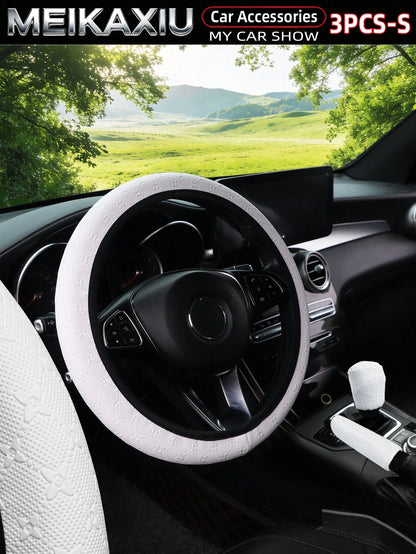 MEIKAXIU 3pcs/Set 3D Star & Flower Car Steering Wheel Cover, Handbrake Cover, Gear Shift Knob Cover, Fit 14.5-15 Inch Steering Wheel, Car Interior Accessories For Women