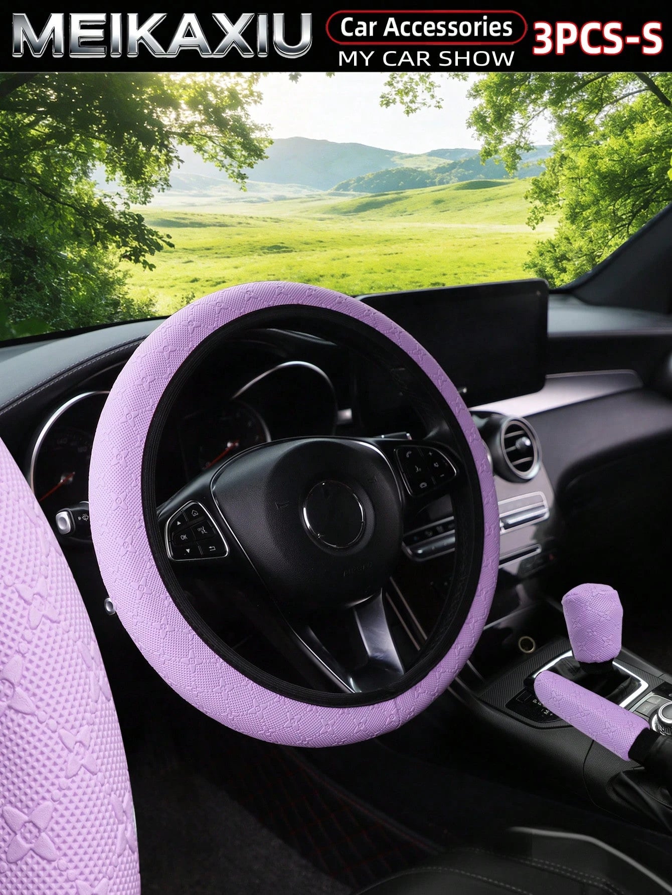 MEIKAXIU 3pcs/Set 3D Star & Flower Car Steering Wheel Cover, Handbrake Cover, Gear Shift Knob Cover, Fit 14.5-15 Inch Steering Wheel, Car Interior Accessories For Women