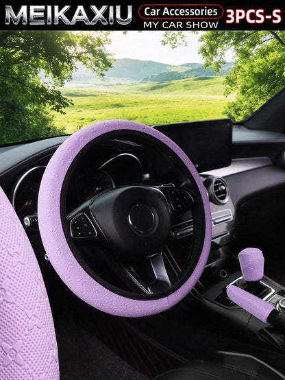 MEIKAXIU 3pcs/Set 3D Star & Flower Car Steering Wheel Cover, Handbrake Cover, Gear Shift Knob Cover, Fit 14.5-15 Inch Steering Wheel, Car Interior Accessories For Women