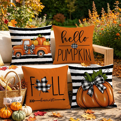 MEMNUN 4pcs Autumn Black & White Thick Striped Buffalo Plaid Vintage Truck Pumpkin Print Pillow Covers [No Pillow Insert] 40*40cm/45*45cm/50*50cm [Single-Sided Print] Made Of Polyester Material Hello