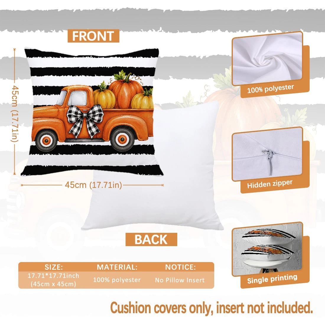 MEMNUN 4pcs Autumn Black & White Thick Striped Buffalo Plaid Vintage Truck Pumpkin Print Pillow Covers [No Pillow Insert] 40*40cm/45*45cm/50*50cm [Single-Sided Print] Made Of Polyester Material Hello
