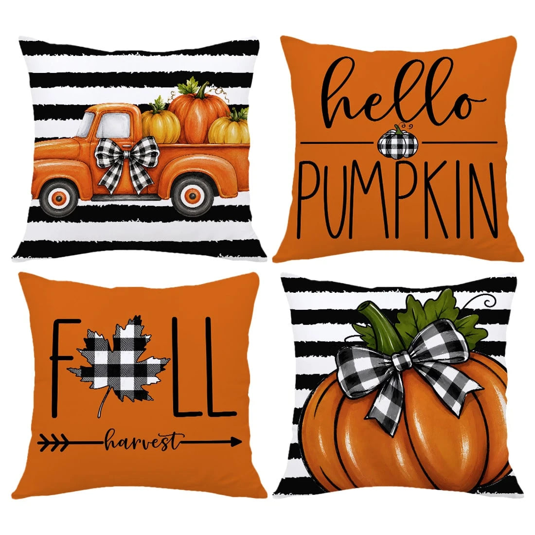 MEMNUN 4pcs Autumn Black & White Thick Striped Buffalo Plaid Vintage Truck Pumpkin Print Pillow Covers [No Pillow Insert] 40*40cm/45*45cm/50*50cm [Single-Sided Print] Made Of Polyester Material Hello
