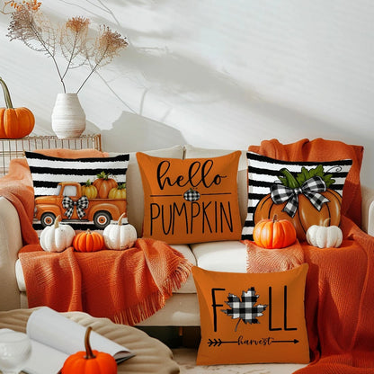 MEMNUN 4pcs Autumn Black & White Thick Striped Buffalo Plaid Vintage Truck Pumpkin Print Pillow Covers [No Pillow Insert] 40*40cm/45*45cm/50*50cm [Single-Sided Print] Made Of Polyester Material Hello
