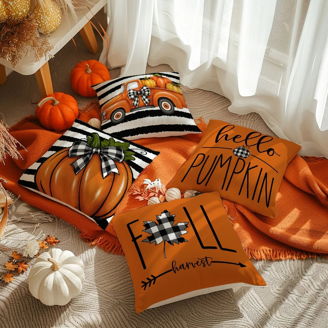 MEMNUN 4pcs Autumn Black & White Thick Striped Buffalo Plaid Vintage Truck Pumpkin Print Pillow Covers [No Pillow Insert] 40*40cm/45*45cm/50*50cm [Single-Sided Print] Made Of Polyester Material Hello