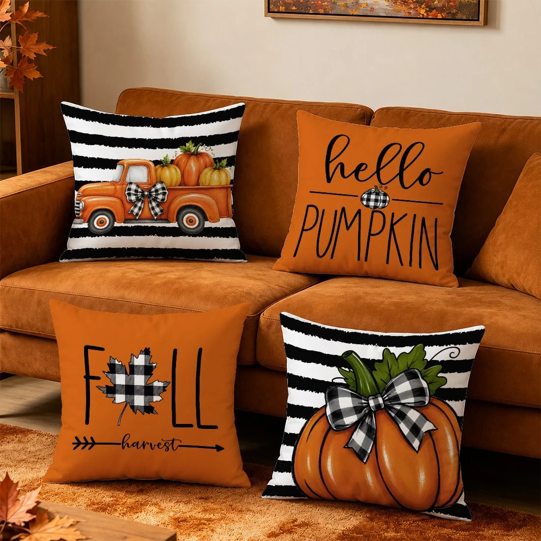 MEMNUN 4pcs Autumn Black & White Thick Striped Buffalo Plaid Vintage Truck Pumpkin Print Pillow Covers [No Pillow Insert] 40*40cm/45*45cm/50*50cm [Single-Sided Print] Made Of Polyester Material Hello