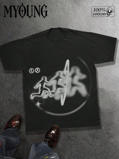 Men's 100% Cotton Printed T-Shirt With Y2K Street Style Graffiti Design A Fashion Statement. Short Sleeved, Crew-Neck Casual Top