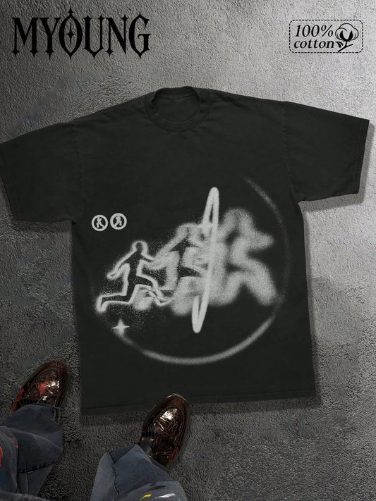 Men's 100% Cotton Printed T-Shirt With Y2K Street Style Graffiti Design A Fashion Statement. Short Sleeved, Crew-Neck Casual Top