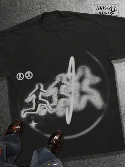 Men's 100% Cotton Printed T-Shirt With Y2K Street Style Graffiti Design A Fashion Statement. Short Sleeved, Crew-Neck Casual Top