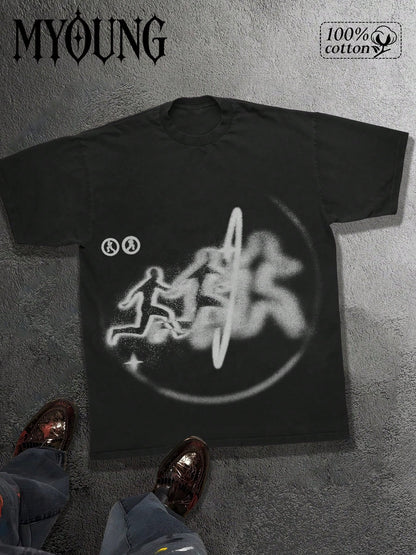 Men's 100% Cotton Printed T-Shirt With Y2K Street Style Graffiti Design A Fashion Statement. Short Sleeved, Crew-Neck Casual Top