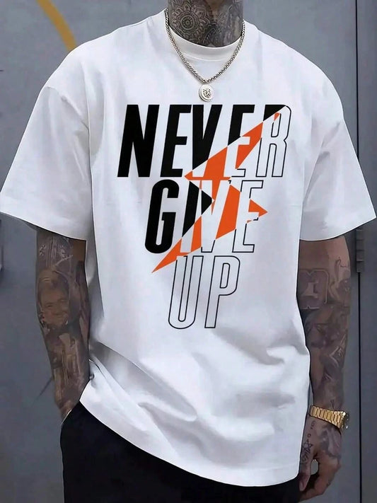 Men'S Casual "Never Give Up" Graphic T-Shirt- White With Bold Orange & Black Design, Cotton, Comfortable Stretch Fit, Short Sleeve, Round Neck