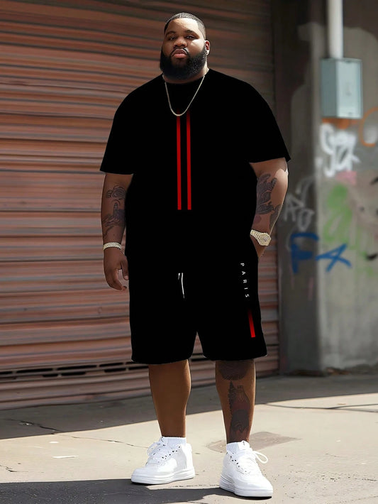 Men's Casual Street Style Sports Set- "Simple Gradient Plaid PARIS Letter" Pattern Design, Polyester Knit Fabric, Round Neck, Drawstring Shorts, Pockets, Regular Fit, Suitable For Plus Size
