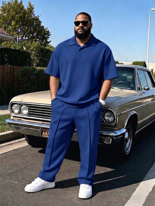 Men's Plus Size 2-Piece Set, Autumn Short Sleeve Top And Pants, Men's Plus Size Solid Color T-Shirt Set