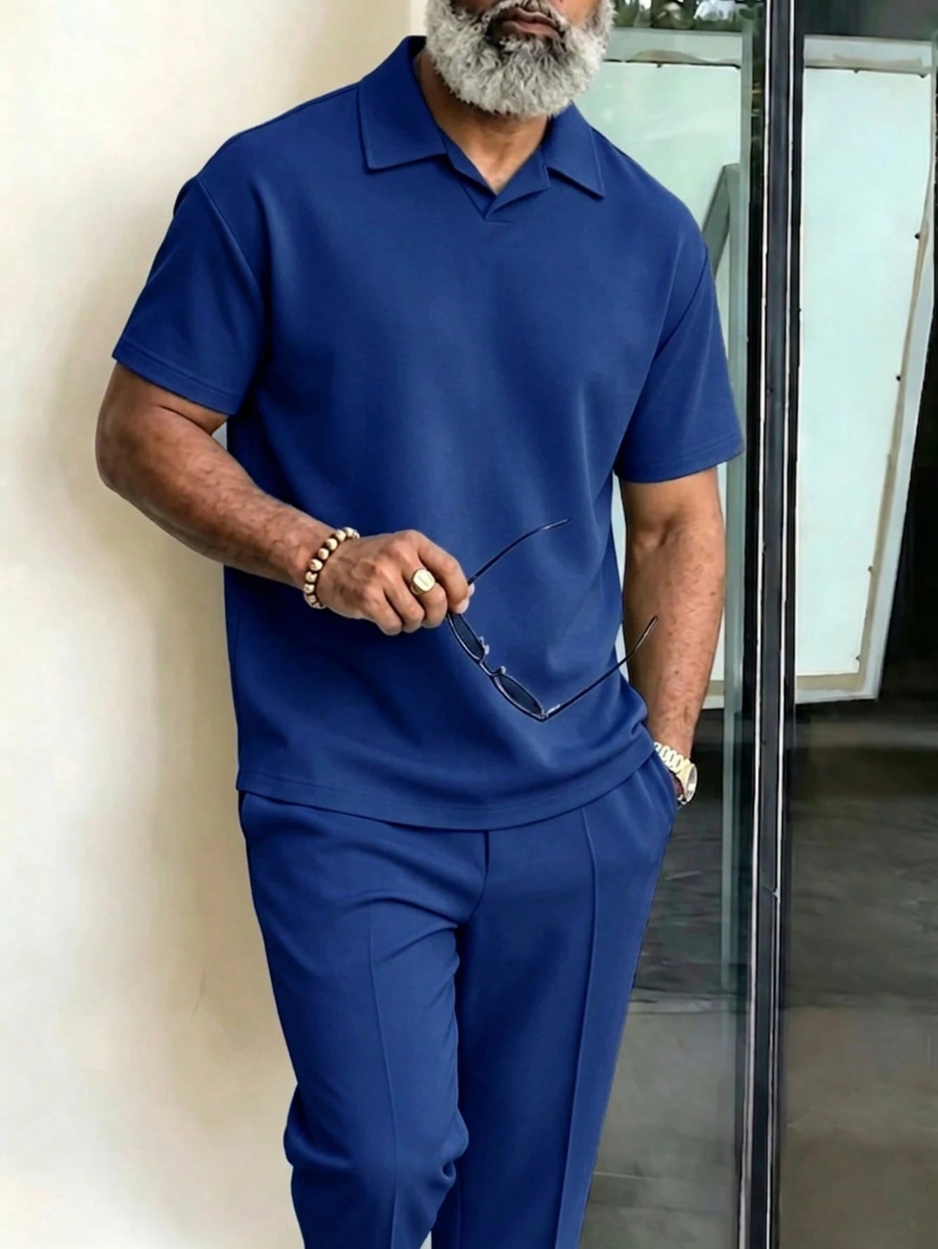 Men's Plus Size 2-Piece Set, Autumn Short Sleeve Top And Pants, Men's Plus Size Solid Color T-Shirt Set