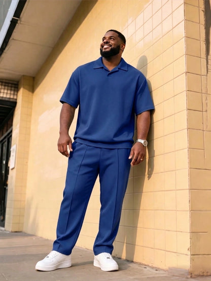 Men's Plus Size 2-Piece Set, Autumn Short Sleeve Top And Pants, Men's Plus Size Solid Color T-Shirt Set