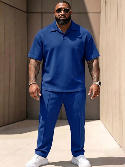 Men's Plus Size 2-Piece Set, Autumn Short Sleeve Top And Pants, Men's Plus Size Solid Color T-Shirt Set