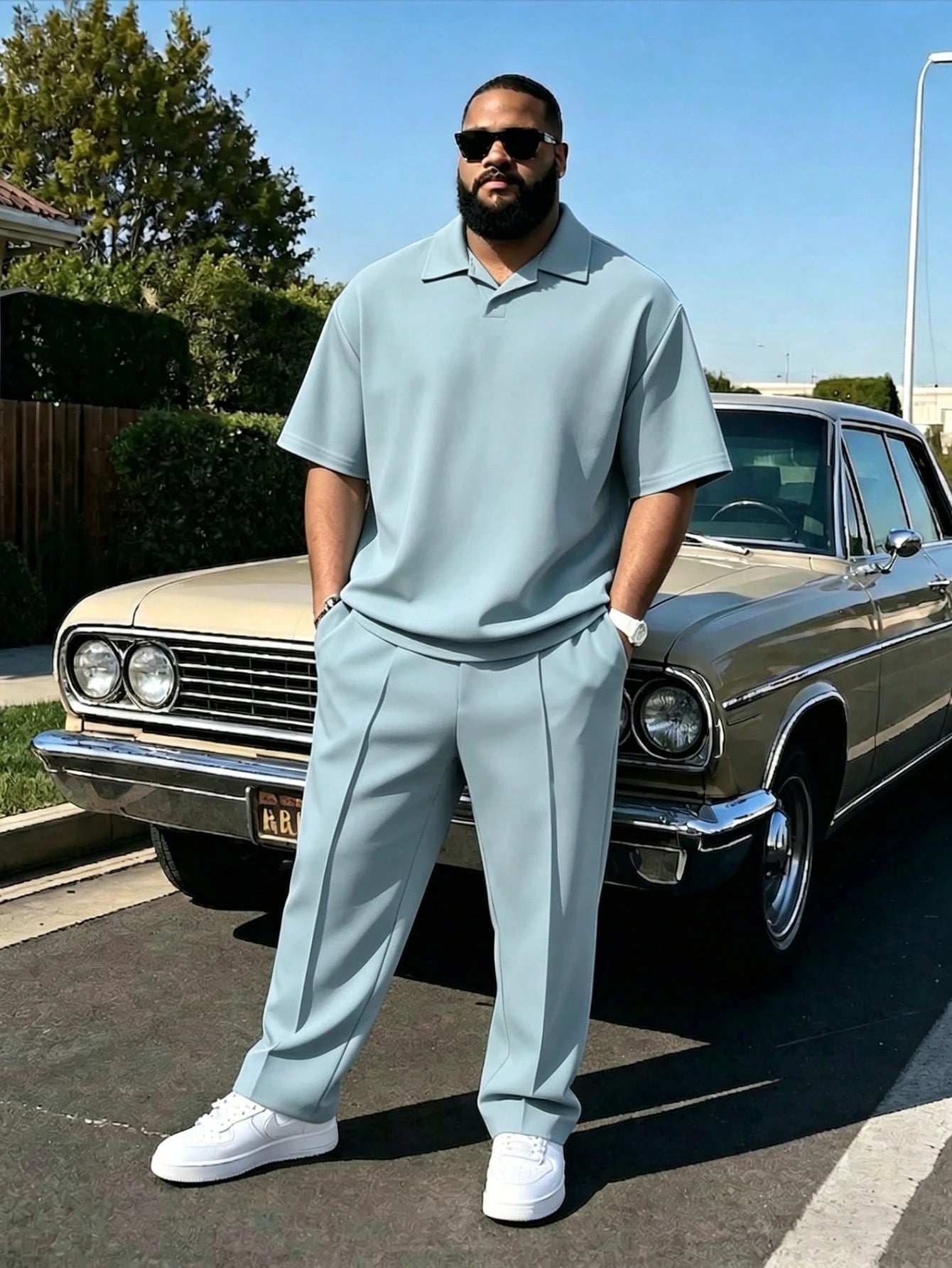 Men's Plus Size 2-Piece Set, Autumn Short Sleeve Top And Pants, Men's Plus Size Solid Color T-Shirt Set