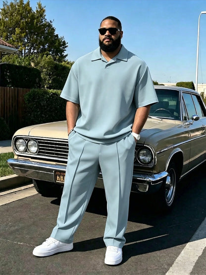 Men's Plus Size 2-Piece Set, Autumn Short Sleeve Top And Pants, Men's Plus Size Solid Color T-Shirt Set
