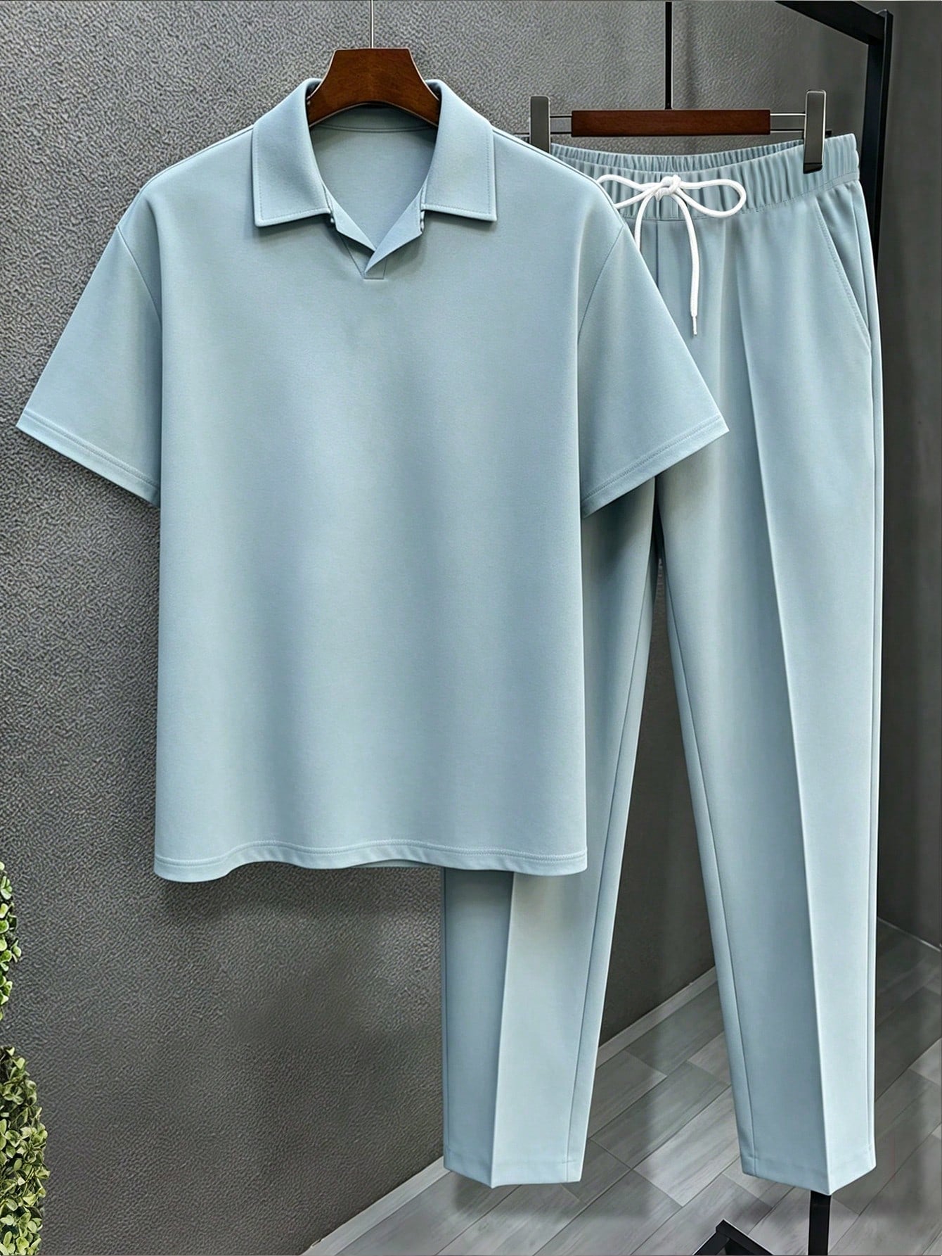 Men's Plus Size 2-Piece Set, Autumn Short Sleeve Top And Pants, Men's Plus Size Solid Color T-Shirt Set