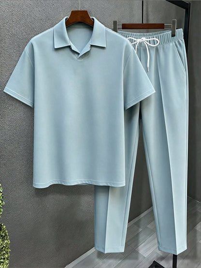 Men's Plus Size 2-Piece Set, Autumn Short Sleeve Top And Pants, Men's Plus Size Solid Color T-Shirt Set