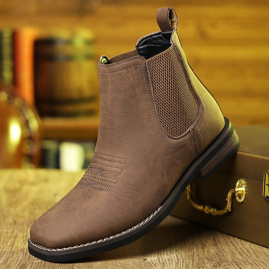 Men's Retro Embroidered Ankle Boots With Square Toe, Rough Upper, Stitching Details, Durable And Casual Shoes For One Foot