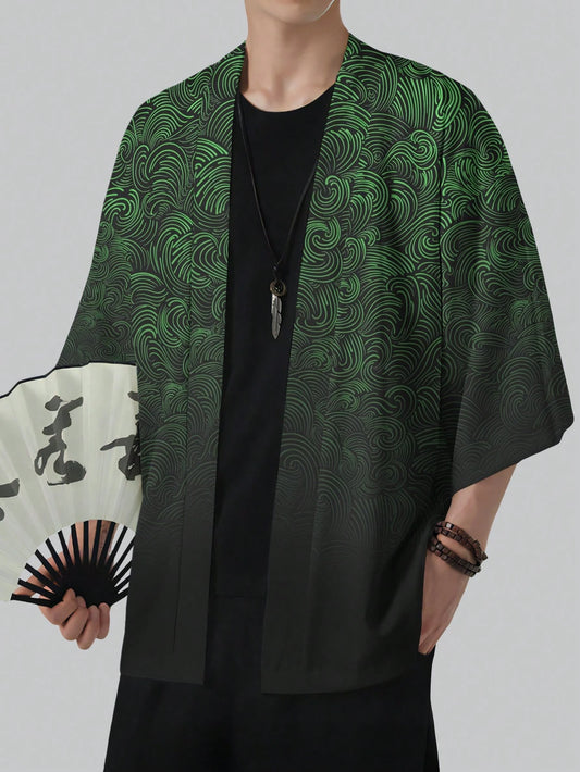 Men's Retro Wave Pattern Kimono Style, Lightweight Casual Beach Top, Loose Fit, Polyester Material