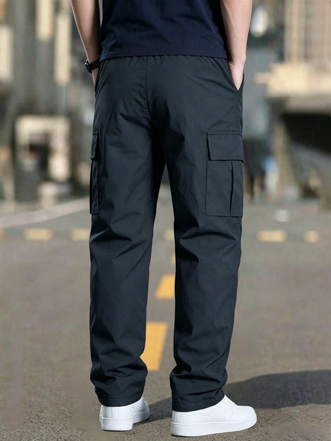 Men's Spring/Autumn Multi-Pocket Cargo Straight Leg Pants, Solid Color Loose Fit, Versatile For Fitness, Commuting And Sports