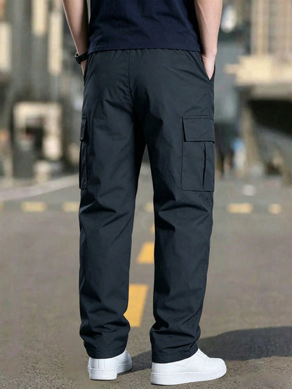 Men's Spring/Autumn Multi-Pocket Cargo Straight Leg Pants, Solid Color Loose Fit, Versatile For Fitness, Commuting And Sports