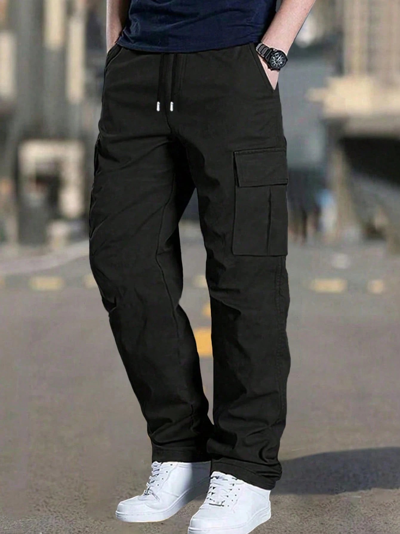 Men's Spring/Autumn Multi-Pocket Cargo Straight Leg Pants, Solid Color Loose Fit, Versatile For Fitness, Commuting And Sports