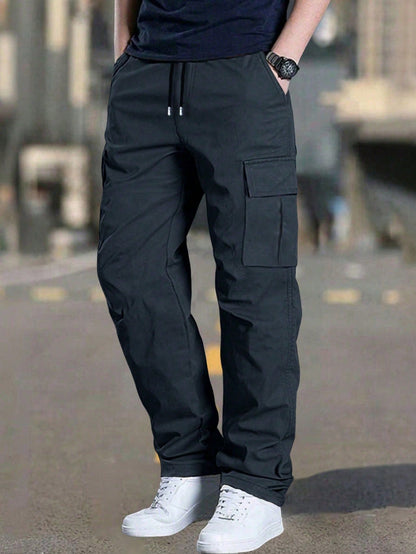 Men's Spring/Autumn Multi-Pocket Cargo Straight Leg Pants, Solid Color Loose Fit, Versatile For Fitness, Commuting And Sports