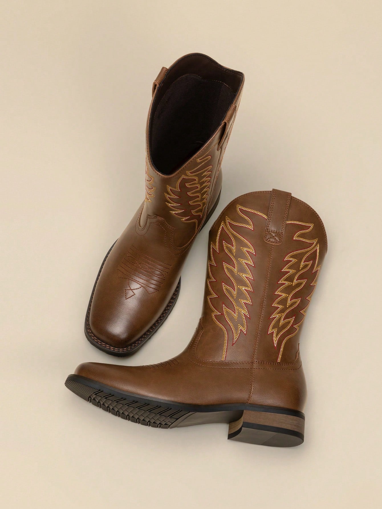 Men's Western Cowboy Boots Slip On Boots With Chic Embroidered Durable Short Retro Country Square Toe Boot