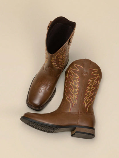 Men's Western Cowboy Boots Slip On Boots With Chic Embroidered Durable Short Retro Country Square Toe Boot