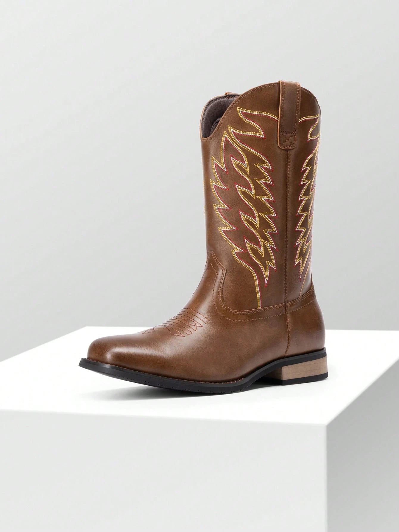 Men's Western Cowboy Boots Slip On Boots With Chic Embroidered Durable Short Retro Country Square Toe Boot