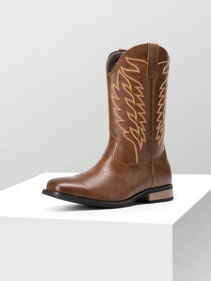 Men's Western Cowboy Boots Slip On Boots With Chic Embroidered Durable Short Retro Country Square Toe Boot