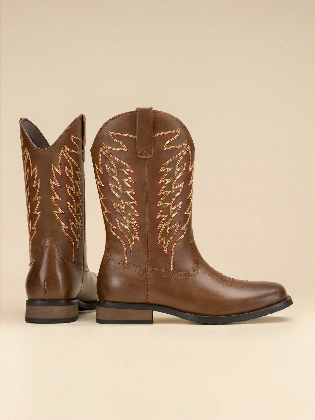 Men's Western Cowboy Boots Slip On Boots With Chic Embroidered Durable Short Retro Country Square Toe Boot