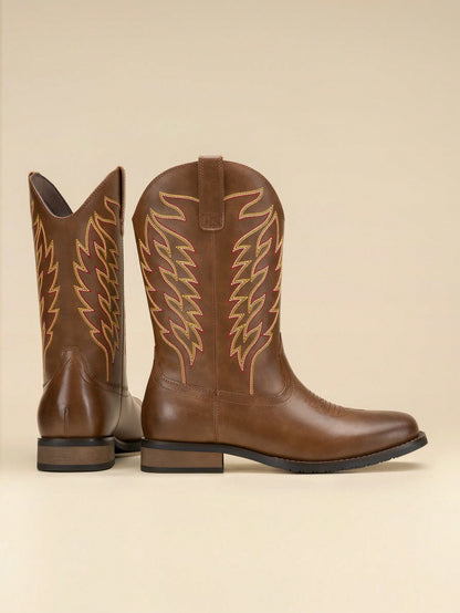 Men's Western Cowboy Boots Slip On Boots With Chic Embroidered Durable Short Retro Country Square Toe Boot