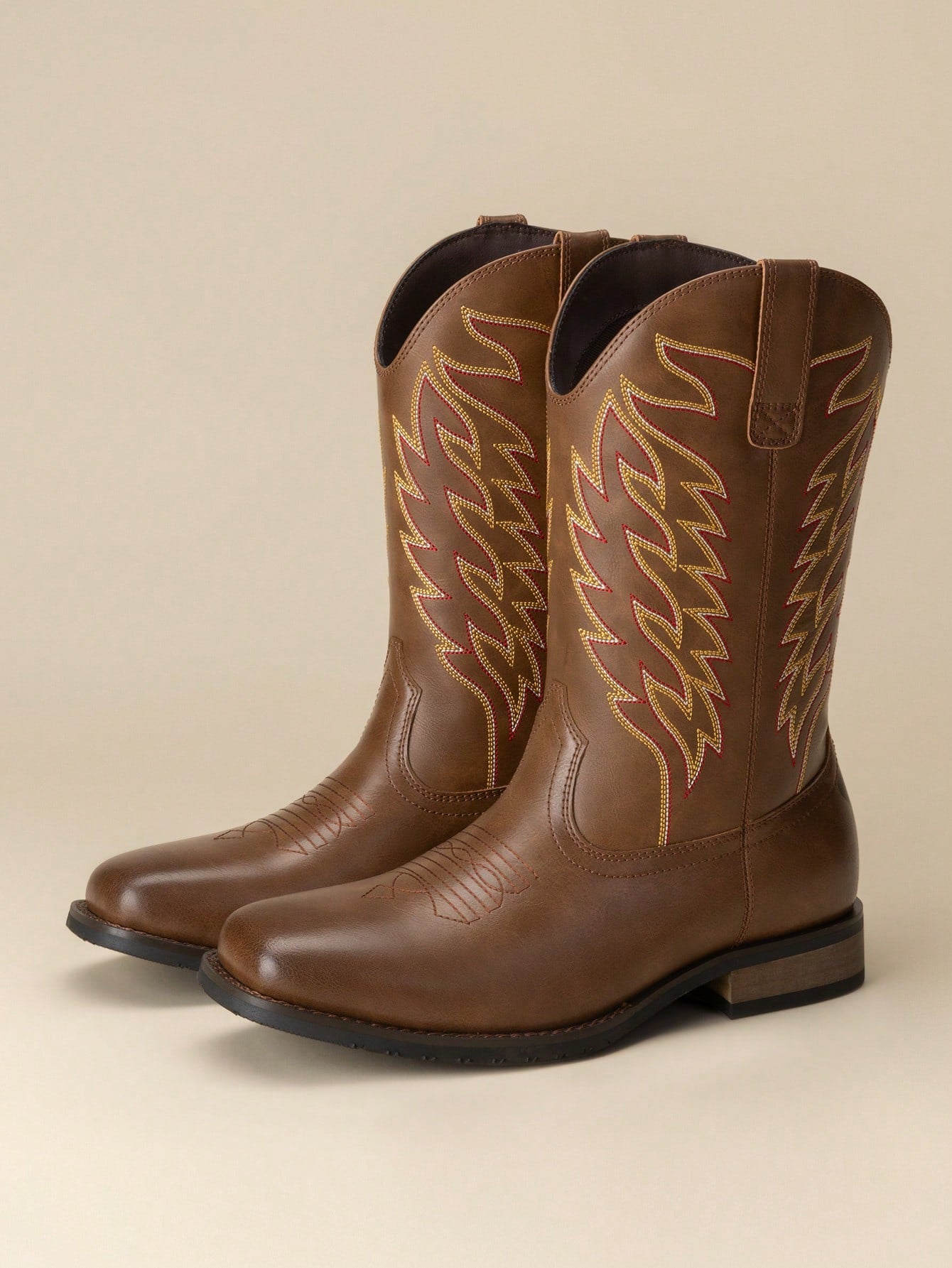 Men's Western Cowboy Boots Slip On Boots With Chic Embroidered Durable Short Retro Country Square Toe Boot