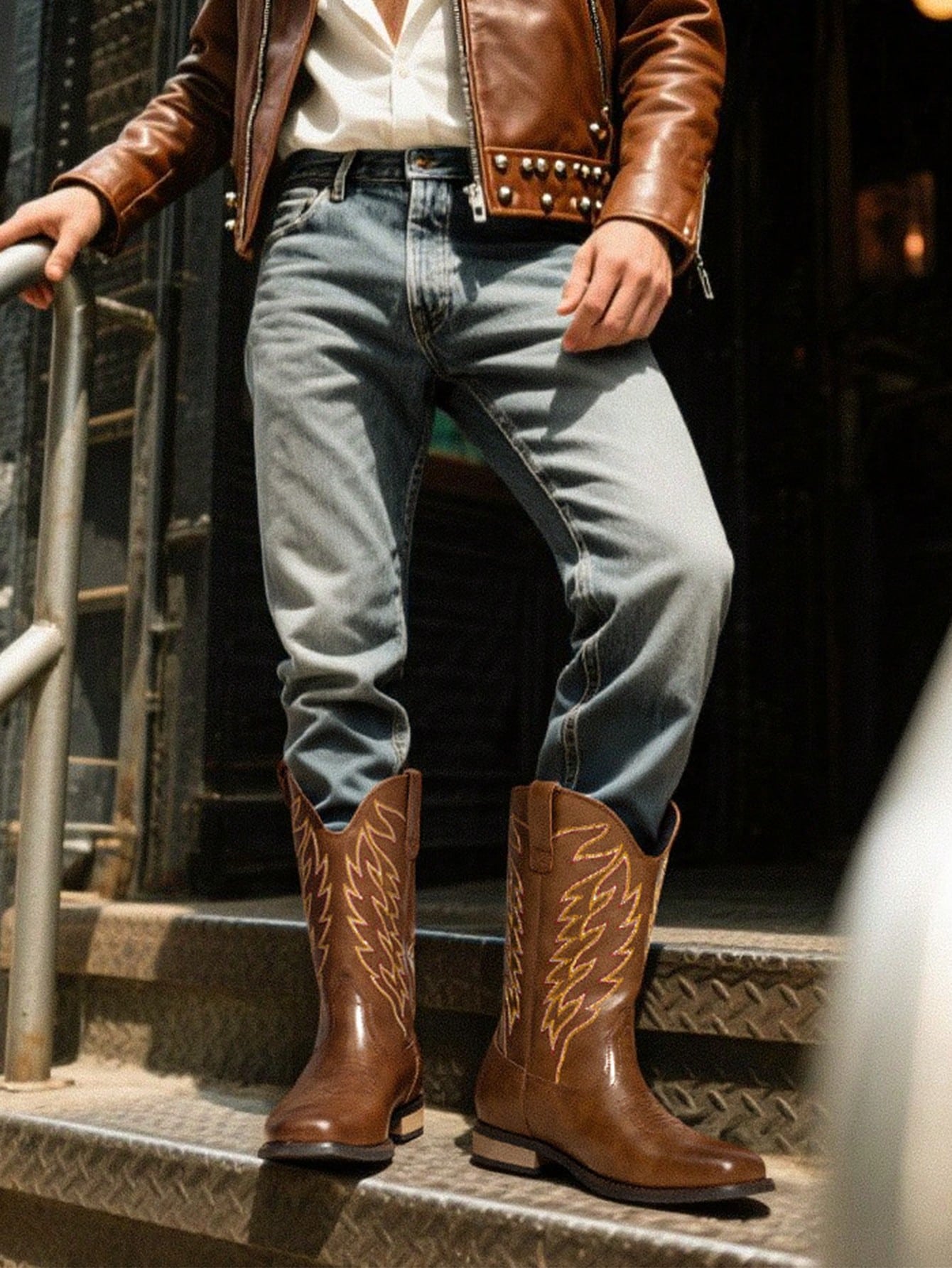 Men's Western Cowboy Boots Slip On Boots With Chic Embroidered Durable Short Retro Country Square Toe Boot