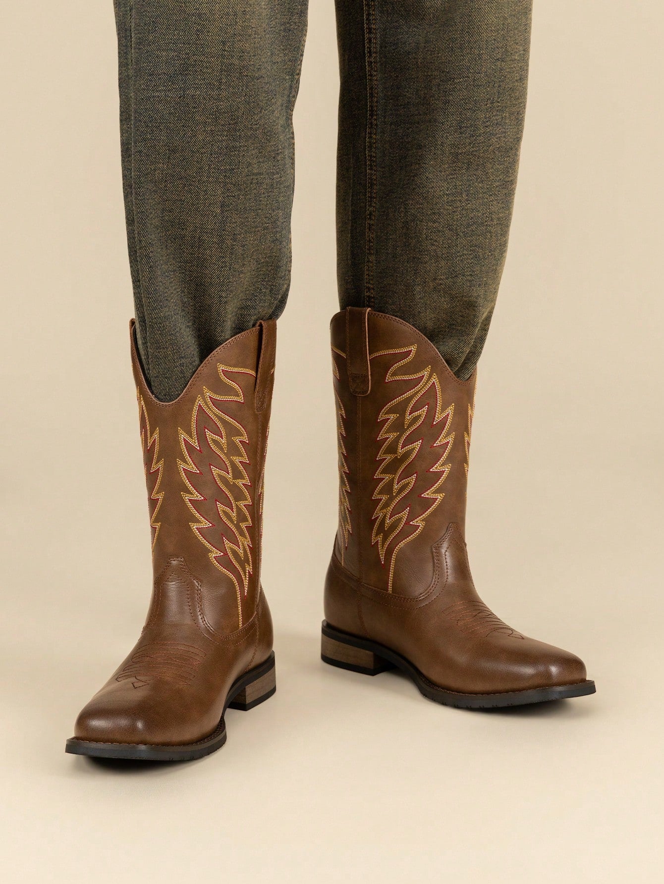 Men's Western Cowboy Boots Slip On Boots With Chic Embroidered Durable Short Retro Country Square Toe Boot