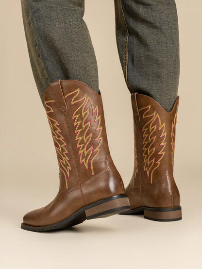 Men's Western Cowboy Boots Slip On Boots With Chic Embroidered Durable Short Retro Country Square Toe Boot