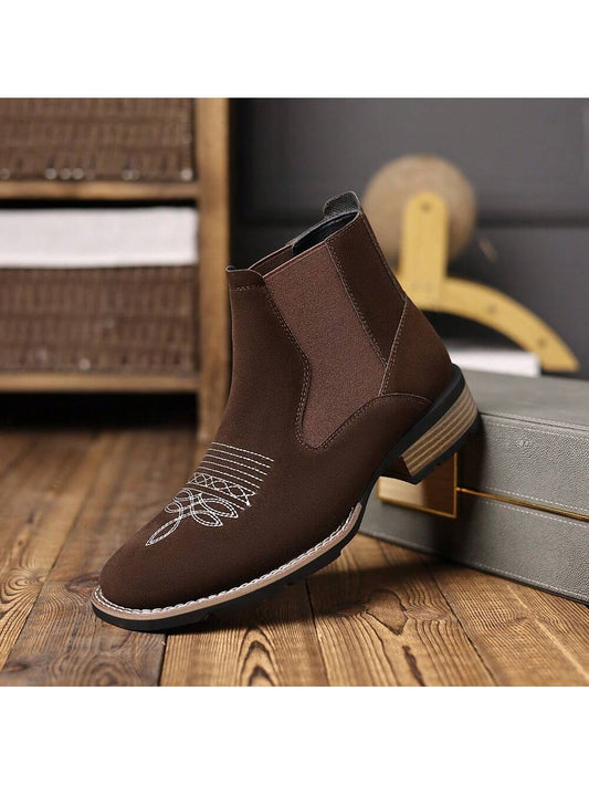 Men's Western Embroidered Chelsea Boots, Matte PU Leather Square Toe Elastic Work Boots, Black, US Size 6.5-12.5