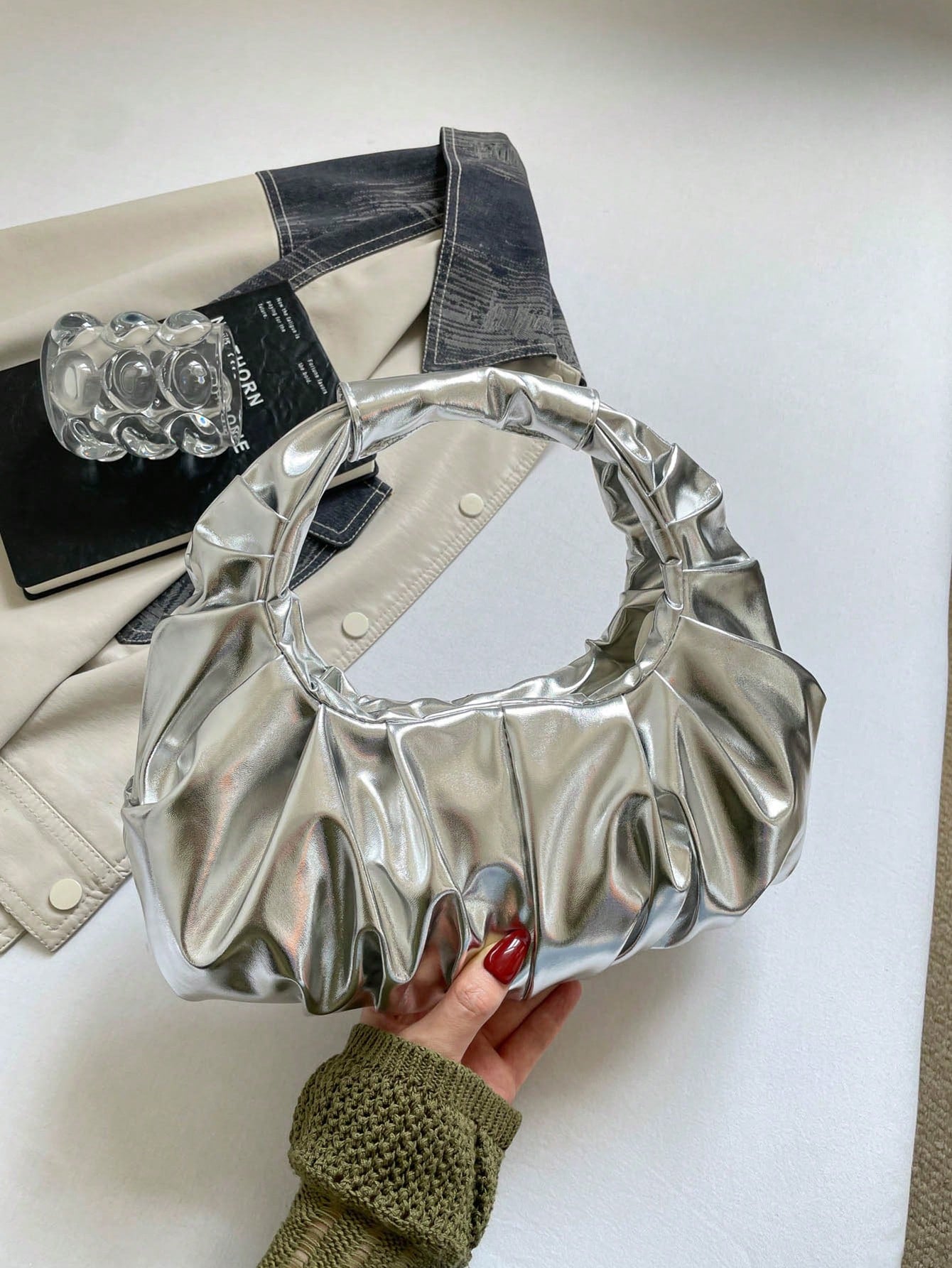 Metallic Luster Premium Texture Pleated Mini Handbag, Round Handle Pleated Underarm Bag, Party Evening Clutch