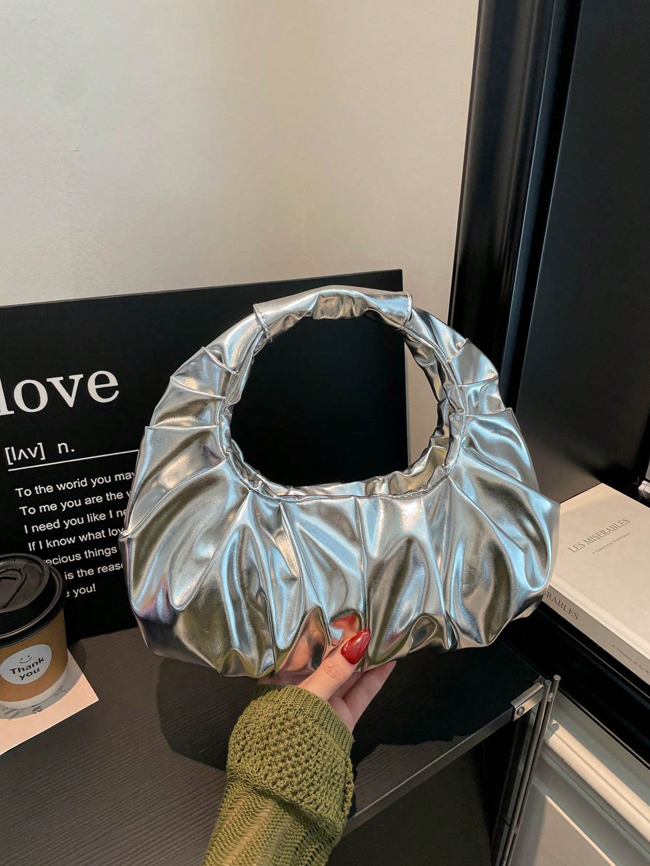 Metallic Luster Premium Texture Pleated Mini Handbag, Round Handle Pleated Underarm Bag, Party Evening Clutch