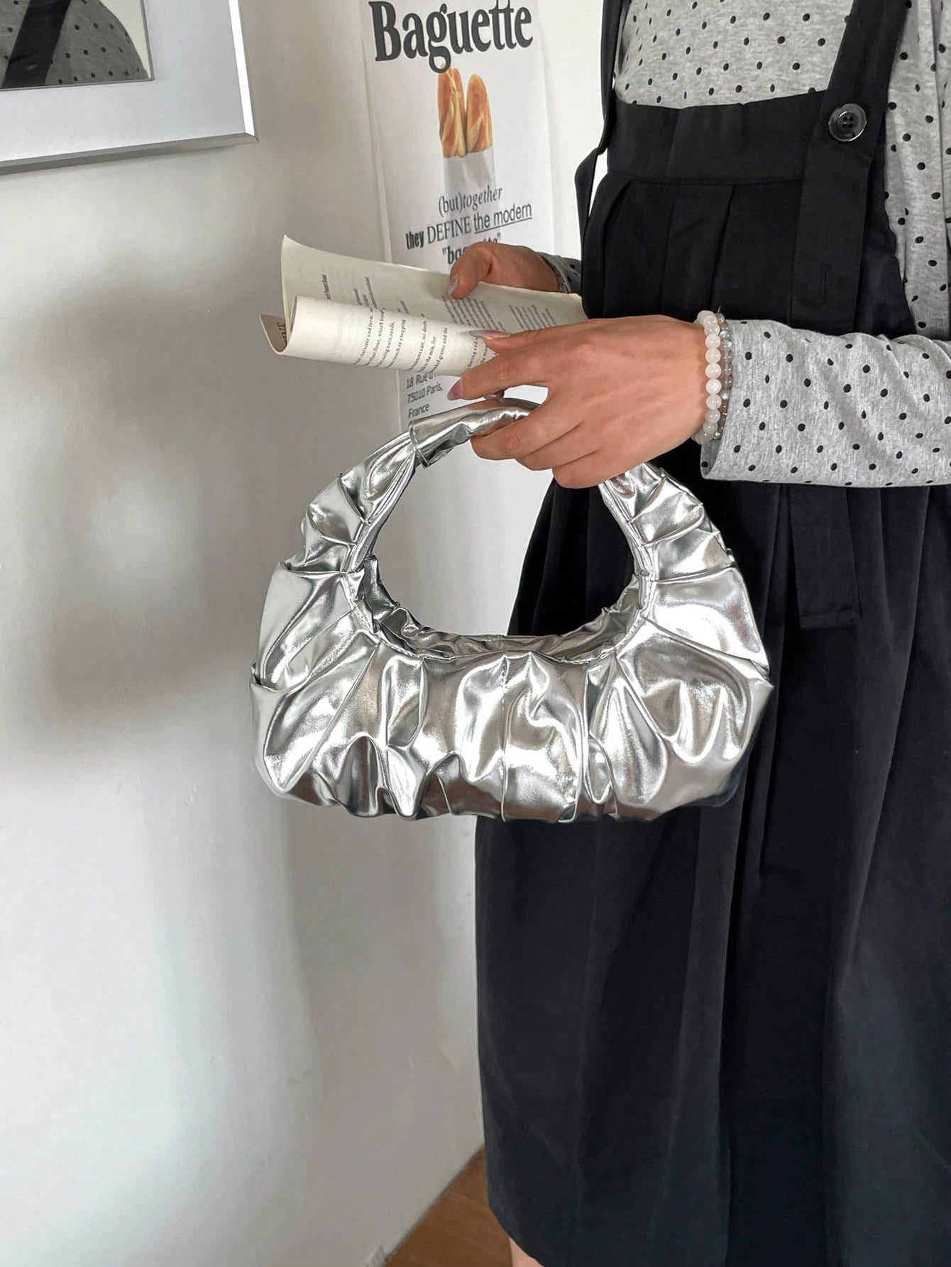 Metallic Luster Premium Texture Pleated Mini Handbag, Round Handle Pleated Underarm Bag, Party Evening Clutch