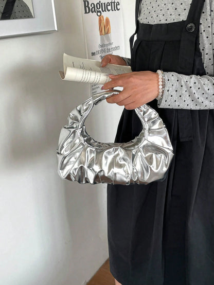 Metallic Luster Premium Texture Pleated Mini Handbag, Round Handle Pleated Underarm Bag, Party Evening Clutch