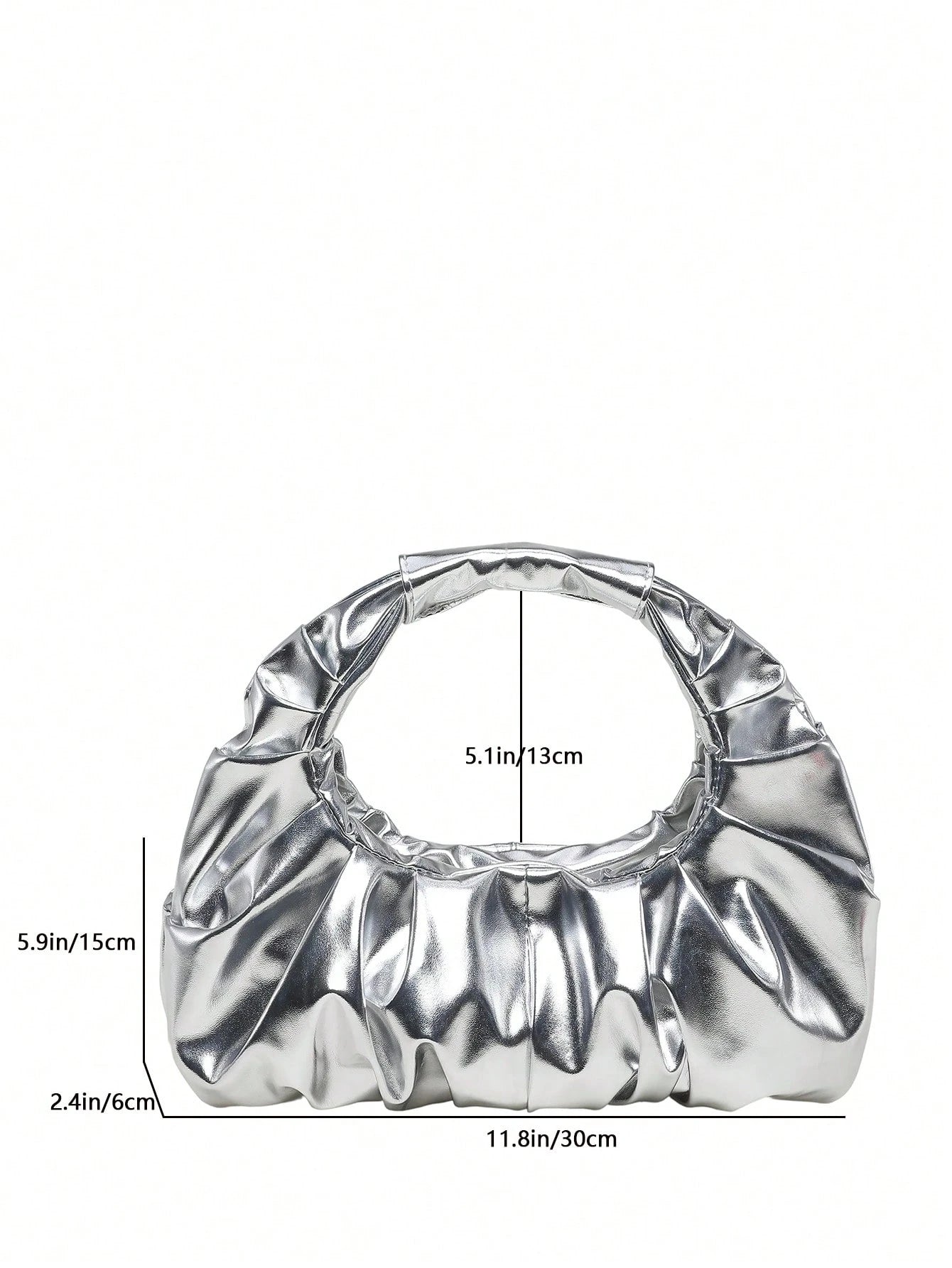 Metallic Luster Premium Texture Pleated Mini Handbag, Round Handle Pleated Underarm Bag, Party Evening Clutch