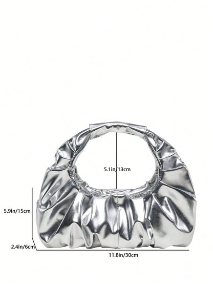 Metallic Luster Premium Texture Pleated Mini Handbag, Round Handle Pleated Underarm Bag, Party Evening Clutch
